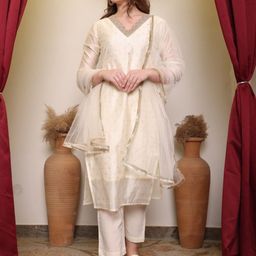 DIVASTRI Women Embroidered Regular Beads and Stones Cotton Kurta with Trousers & Dupatta-picture-3