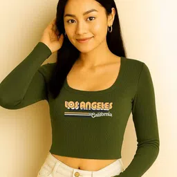 trendy era Olive Ribbed Scoop Neck Crop Top with Typography-picture-17
