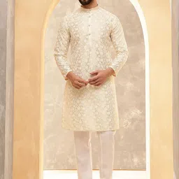 Anouk Cream Embroidered Mandarin Collar Kurta With Trouser-picture-57