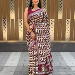 HERE&NOW Ajrak Block Pure Cotton Designer Block Print Saree-6