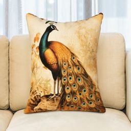 JAIPUR FABRIC Ethnic Beige & Yellow Peacock Printed Jute Square Cushion Cover-image-62