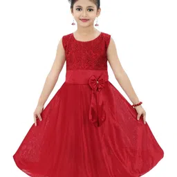 CHANDRIKA Girls Maroon Bow Belt Detail Embellished Full Length Dress-picture-13