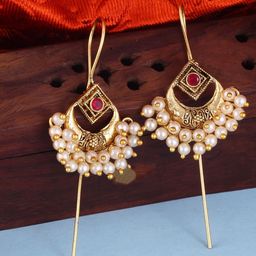 Vighnaharta Gold-Plated Pearls Beaded & Cubic Zirconia Studded Contemporary Drop Earrings-image-45