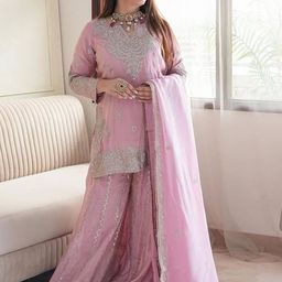 BHARODIYA ENTERPRISES Women Embroidered Sequinned Kurta with Sharara & With Dupatta-image-1