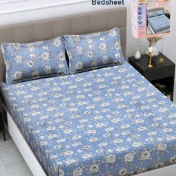 FABINALIV Blue & White Floral 300 TC King Bedsheet with 2 Pillow Covers-picture-6