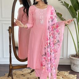 DHRUVIL IMPEX Women Ethnic Motifs Embroidered Regular Kurti with Trousers & With Dupatta-14