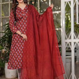 VARNI FABRICS Ethnic Motifs Printed V-Neck Kurta With Trousers & Dupatta-image-42