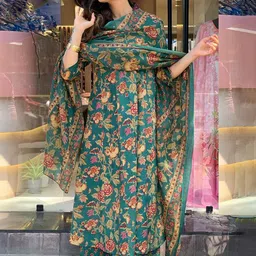 KALINI Floral Printed Pleated V-Neck Mirror Work A-Line Kurta With Trousers And Dupatta-picture-27