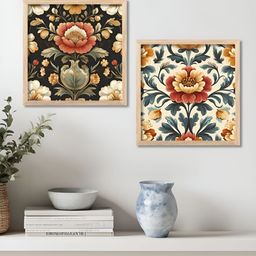 WALLLANE Brown & Green 2 Pieces Floral & Botanical Indian Madhubani Wooden Wall Art-image-75