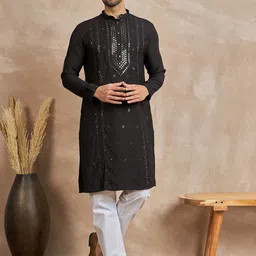 Anouk Floral Embroidered Mandarin Collar Mirror Work Straight Kurta-image-63