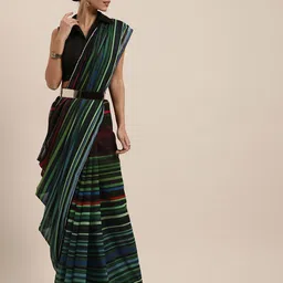 KALINI Green Striped Pure Georgette Saree-image-8