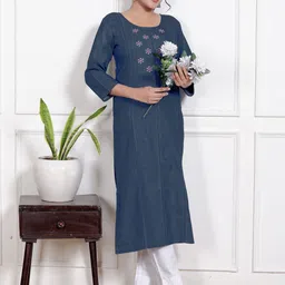 Jevi Prints Floral Embroidered Thread Work Denim Cotton Straight Kurta-25