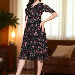 ZEUGEN WomenFloral Printed Cold-Shoulder Fit & Flare Dress-picture-25