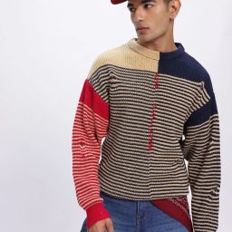 Men Self Design Round Neck White Sweater-image-1