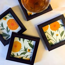 Abolee Homes 4Pcs Brown & White Printed Square Wooden Coasters-image-70