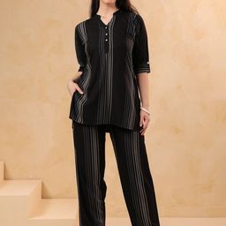 NIGHTSPREE Striped V-Neck Three Fourth Sleeve Tunic With Trouser Co-Ords-image-40