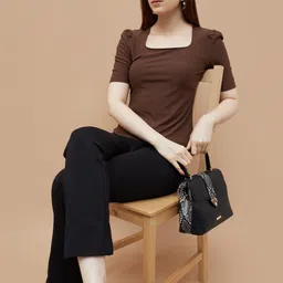 CODE by Lifestyle Women Square Neck Puff Sleeves Casual Top-image-1