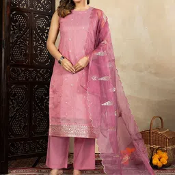 House of Pataudi Floral Embroidered Chanderi Cotton Straight Kurta & Trousers With Dupatta-picture-20