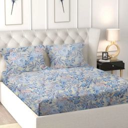 Star Weaves Blue & White Floral 350 TC King Bedsheet with 2 Pillow Covers-53