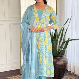 Navlik Bandhani Printed Thread Work Sqaure Neck A-Line Kurta With Trousers & Dupatta image 2