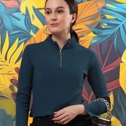 Rigo Women Teal Cotton High Collar Half Zipper Crop Top-22