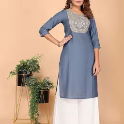 Rangita Floral Yoke Design Round Neck Thread Work Straight Kurta-image-89