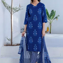 SKYLEE Floral Printed V-Neck Straight Kurta With Trousers & Dupatta-picture-38