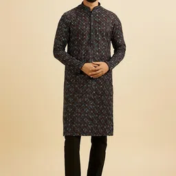 Manyavar Geometric Embroidered Thread Work Mandarin Collar Straight Kurta with Pyjamas-image-92