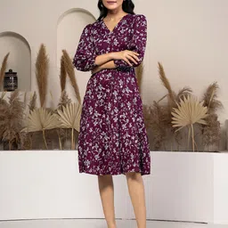 AASK Floral Printed Tiered Fit & Flare Dress-image-53
