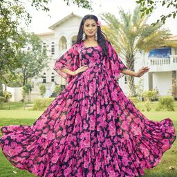 Chandbaali Floral Print Bell Sleeve Georgette Fit & Flare Maxi Dress-image-8