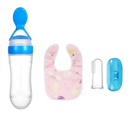 Joy Buzz Kids Set Of 3 Food Feeder Bib & Finger Toothbrush With Case - Blue & Pink-29