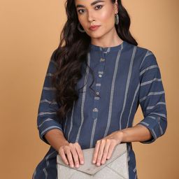 Anouk Striped Woven Design Mandarin Collar Straight Cotton Kurta-image-53