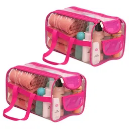 Kuber Industries Pink & Transparent 2 Pieces Waterproof Small Travel Toiletry Bags-31