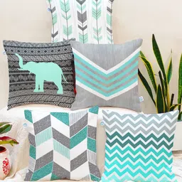 STITCHNEST Grey & Green 5 Pieces Ethnic Motifs Square Cushion Covers-image-96