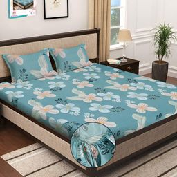 Myntra Elegant Homes Blue & White Floral Printed Fitted 300 TC King Bedsheet with 2 Pillow Covers-image-75
