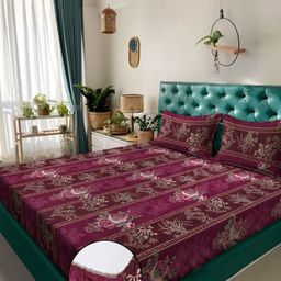 Aura Maroon & Beige Floral Printed 300 TC Fitted Double King Bedsheet Set-2.50 m X 2.25 m-picture-41