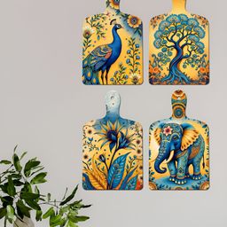 ArtVibes Blue & Yellow 4 Pieces Peacock Printed Wooden Wall Hangings-image-28