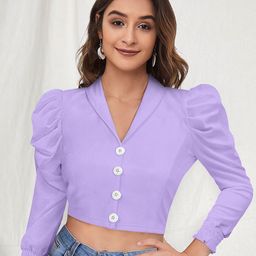 SHOPONBIT Women Lapel Collar Puff Sleeve Crop Top-image-90