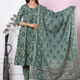 Varanga Women Printed Regular Thread Work Pure Cotton Kurta with Trousers & With Dupatta-12