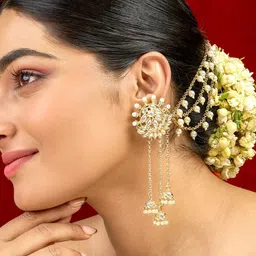 TEEJH Gold-Plated Classic Artificial Stone Studded Tasselled Chandbalis Earrings-48