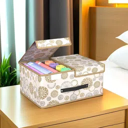 Kuber Industries White & Beige 10 Pieces Printed Wardrobe Multi-Utility Organisers-44