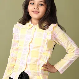 V-Mart Girls Cotton Checked Shirt Collar Ruffles Shirt Style Top-image-84
