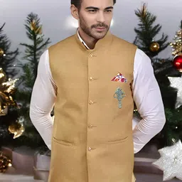 Seetoo Mandarin Collar Woven Nehru Jacket With Broch-22