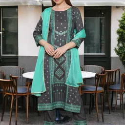 True Shape Ethnic Motifs Printed Round Neck Cotton Straight Kurta With Trouser & Dupatta-picture-1