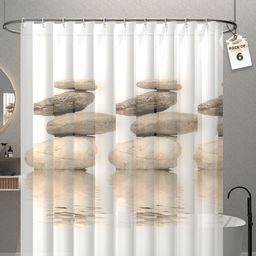 Aura 6-Pcs White & Grey Stone Printed Waterproof ShowerCurtainWithHooks-16
