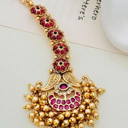 ABDESIGNS Gold-Plated Stones Studded & Beaded Temple Maang Tikka Head Jewellery-image-95