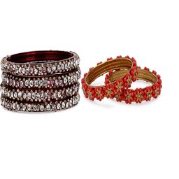 SOMIL Set Of 6 Maroon Alloy Artificial Stones and Beads Antique Bangles-image-112