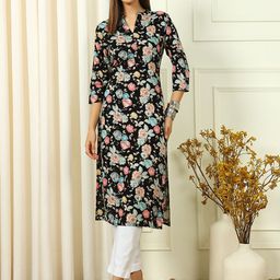 THE FAB FACTORY Women Floral Printed Mandarin Collar Neck Straight Kurta-image-71
