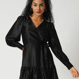Globus Women V-Neck Long Cuffed Sleeves Wrap Mini Dress-image-43