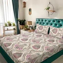 KLOTTHE Cream Coloured Ethnic Motifs Printed 300 TC King Bedsheet Set 2.50 m x 2.25 m-21